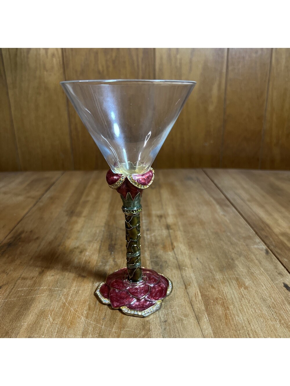 SAINT SWAROVSKI CRYSTAL JEWELED & ENAMELED FLOWER STEM MARTINI GLASS Red